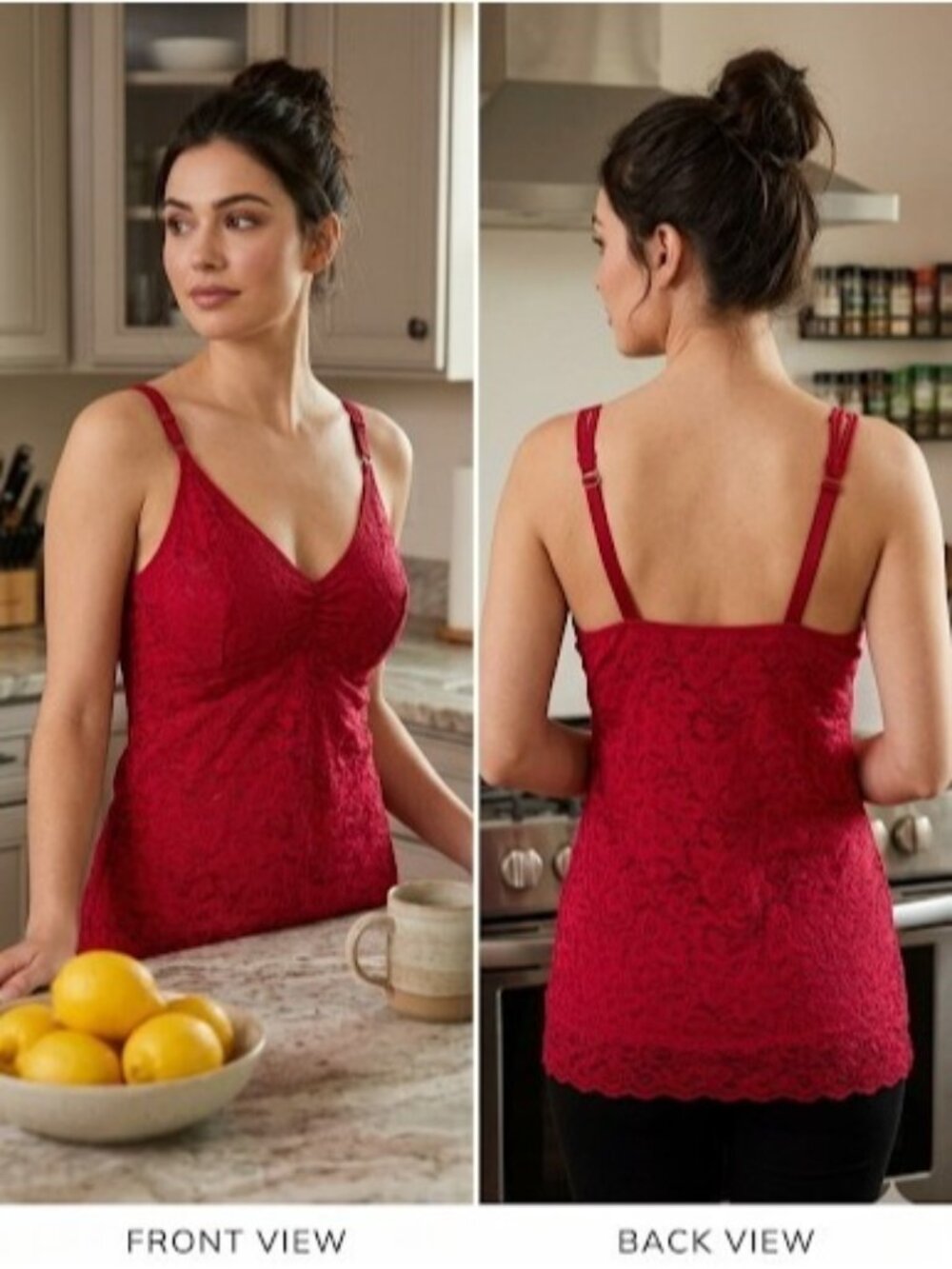 Bali 8L12 Lace 'N Smooth Red Floral Camisole Tank Top V-Neck Adjust Straps Size